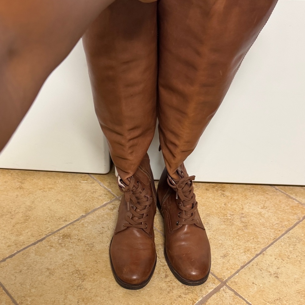 Brown Leather Women's Boots lace up front with side zipper